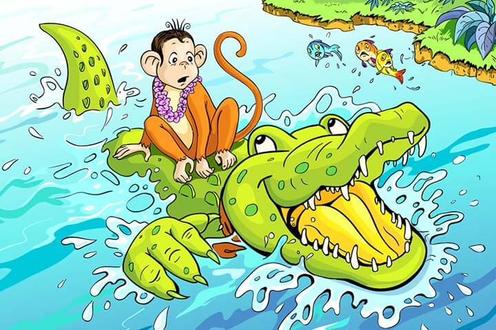 Monkey and the Crocodile: Crocodile started coming to the shore everyday and enjoyed the juicy fruit and the friendship  of the  monkey.