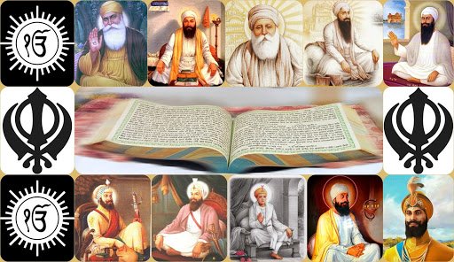 All ten Sikh Gurus along with Sikh symbols